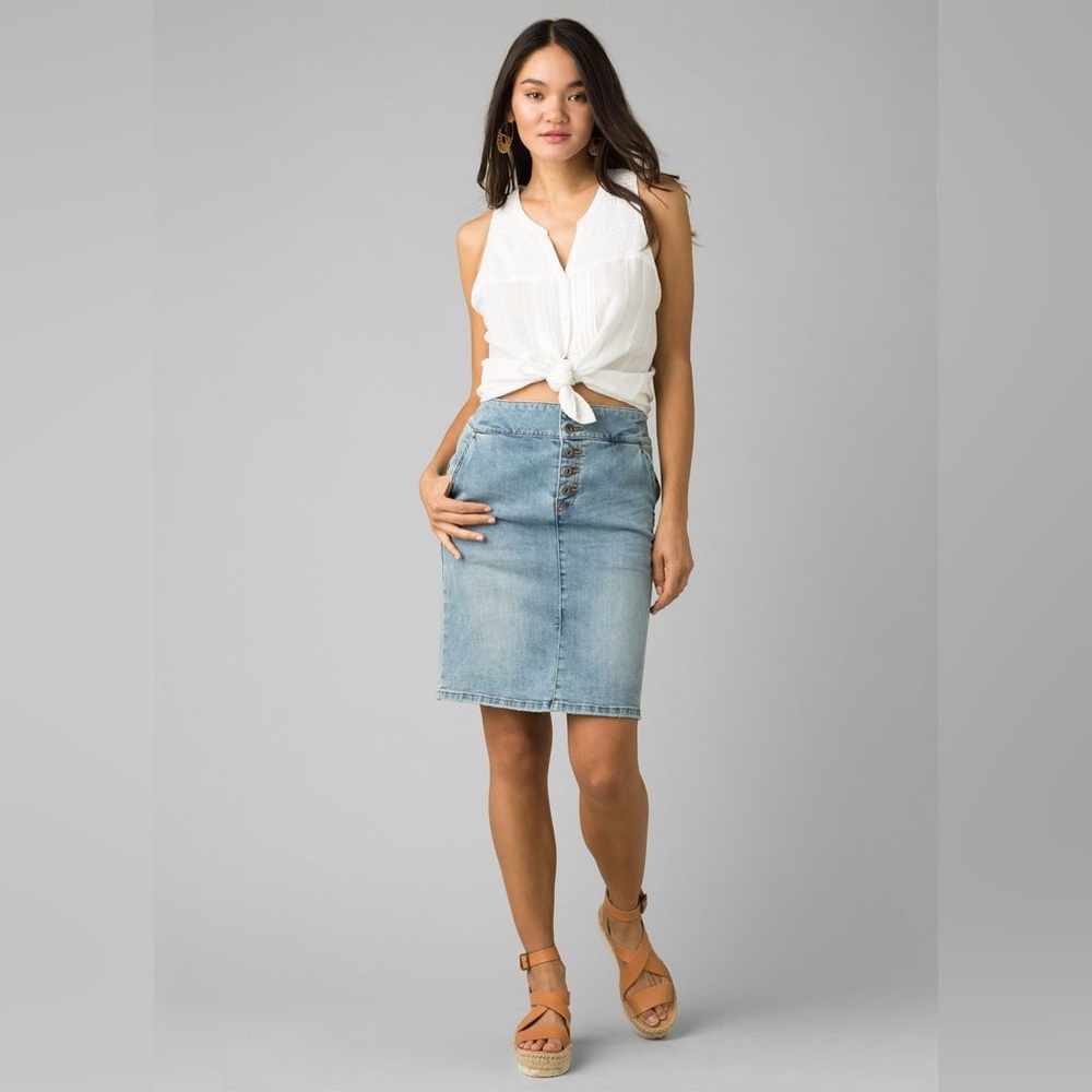 Prana Aubrey Organic Cotton denim Button Fly Stretch Pencil Skirt 2020 size 10